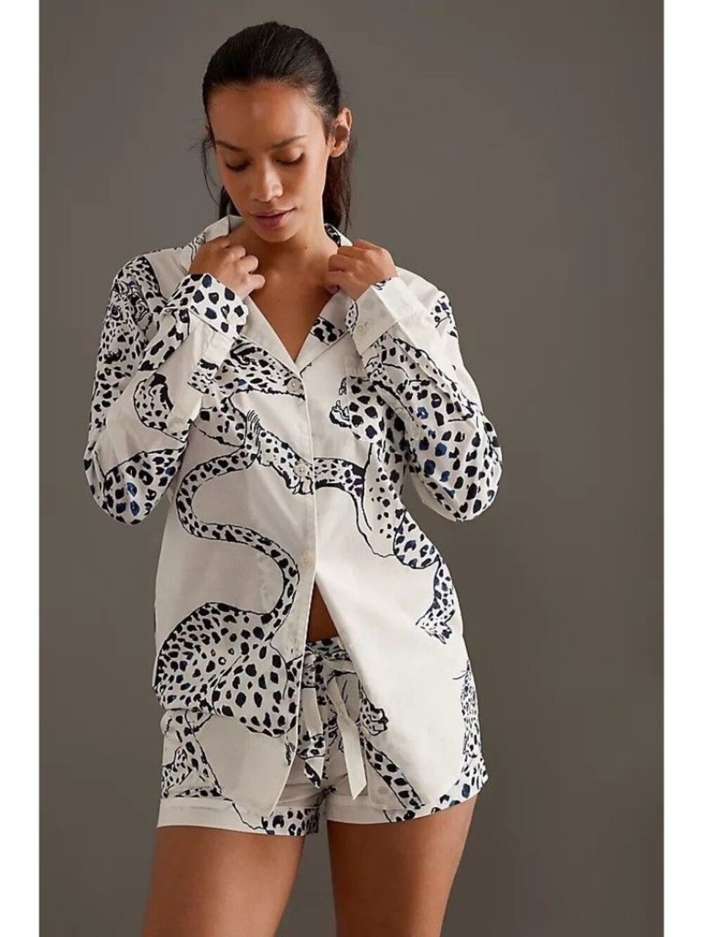 Desmond & Dempsey‎ small cream jaguar print pajama sleep shirt loungewear cotton